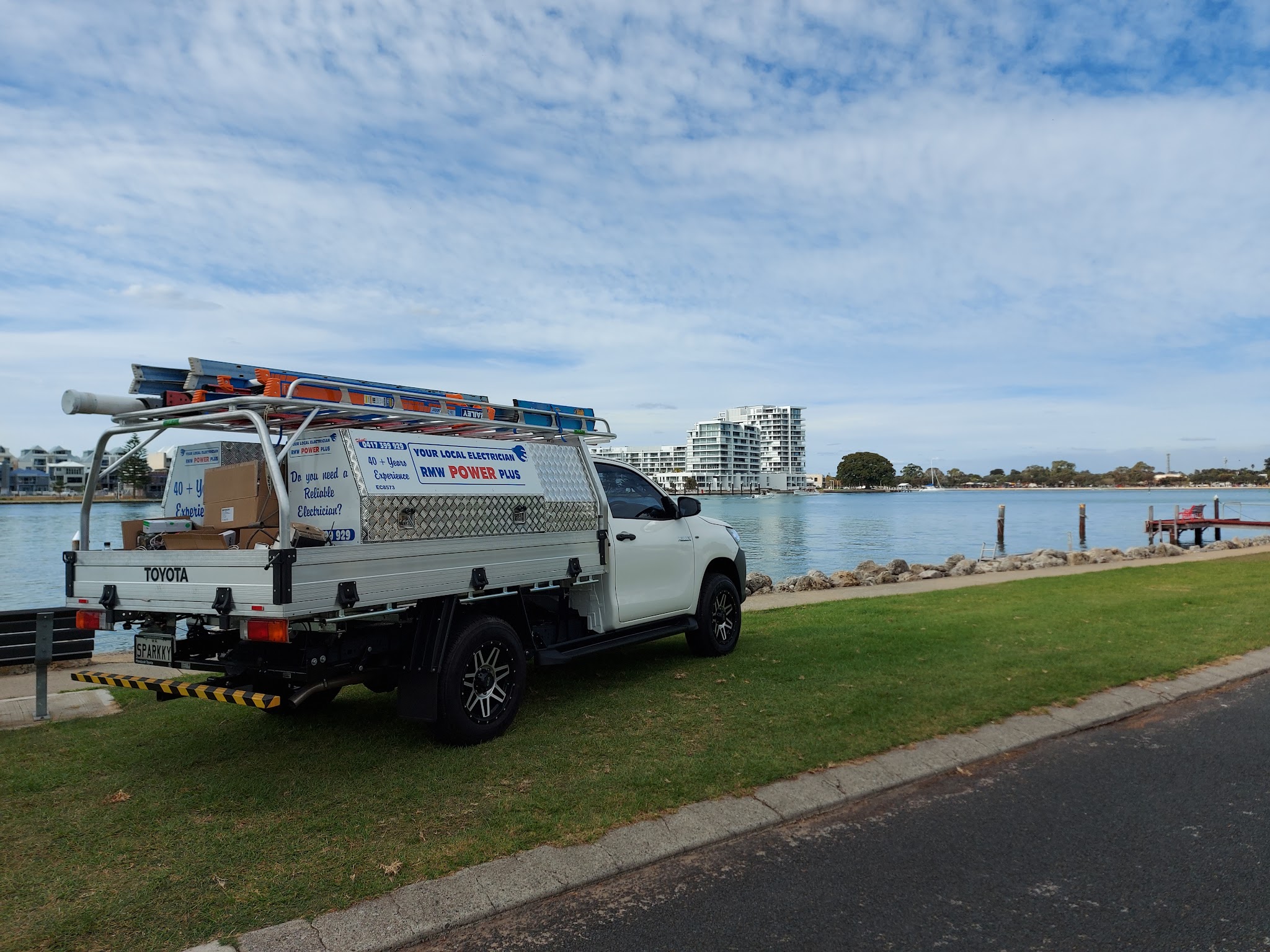 The RMW Power Plus ute parked on the foreshore at Mandurah